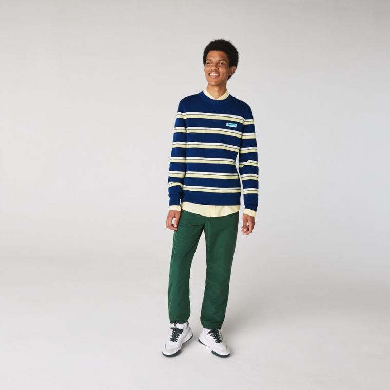 Lacoste LIVE Striped Algodão Crew Neck Moletom Azuis Branco | Gbusay2n