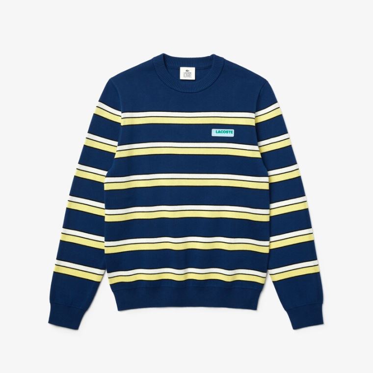 Lacoste LIVE Striped Algodão Crew Neck Moletom Azuis Branco | Gbusay2n