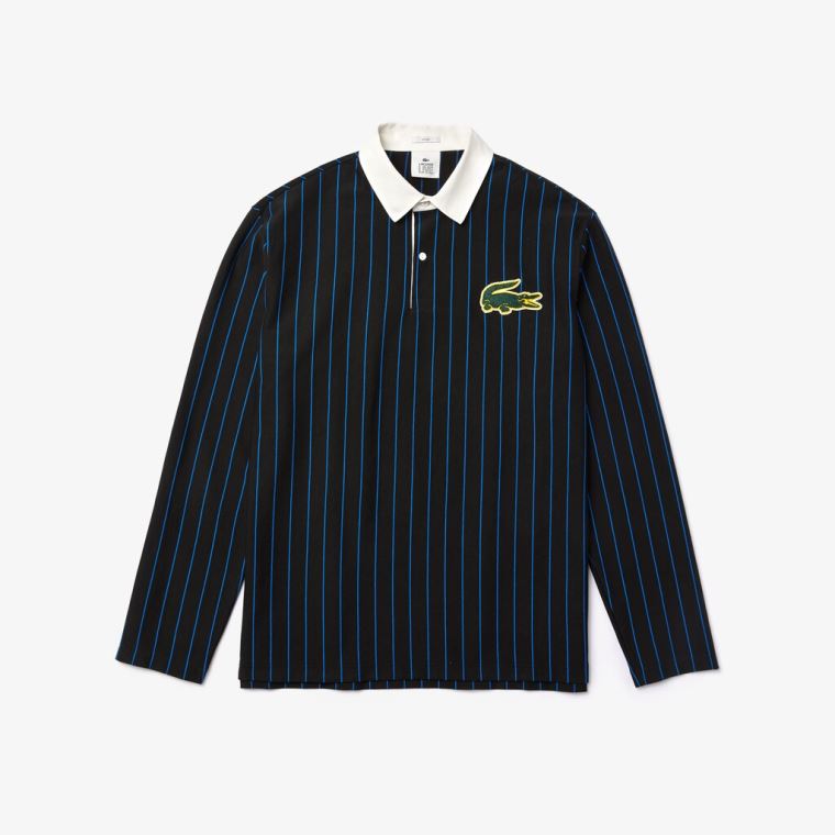 Lacoste LIVE Striped Algodão Polo Shirt Pretas Azuis | hRpFnzcp