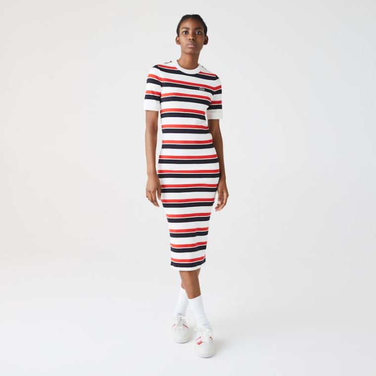 Lacoste LIVE Striped Algodão Ribbed T-Shirt Vestidos Branco Azul Marinho Azuis Vermelhas | naIvJs0P