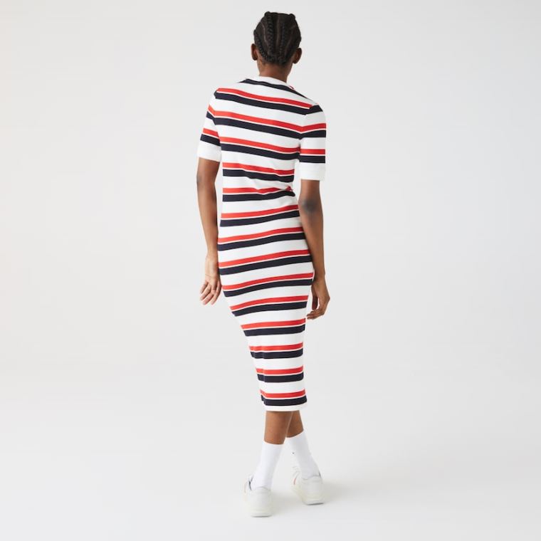 Lacoste LIVE Striped Algodão Ribbed T-Shirt Vestidos Branco Azul Marinho Azuis Vermelhas | naIvJs0P