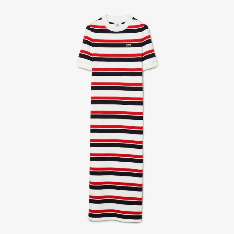 Lacoste LIVE Striped Algodão Ribbed T-Shirt Vestidos Branco Azul Marinho Azuis Vermelhas | naIvJs0P