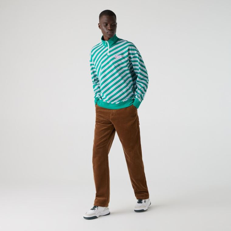 Lacoste LIVE Striped Stand-Up Collar Algodão Sweatshirt Verdes Branco | CSDS9eBs