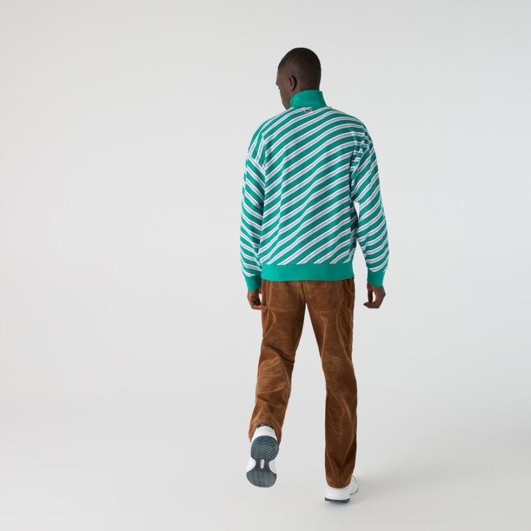 Lacoste LIVE Striped Stand-Up Collar Algodão Sweatshirt Verdes Branco | CSDS9eBs