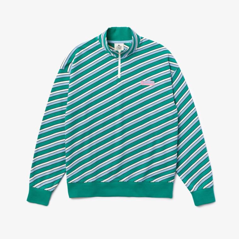 Lacoste LIVE Striped Stand-Up Collar Algodão Sweatshirt Verdes Branco | CSDS9eBs