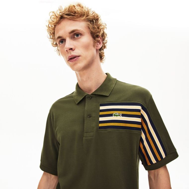 Lacoste L.12.12 Off-Center Stripe Algodão Piqué Polo Caqui Verdes | SZN4lpnv