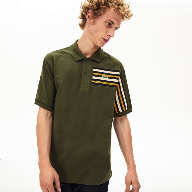 Lacoste L.12.12 Off-Center Stripe Algodão Piqué Polo Caqui Verdes | SZN4lpnv