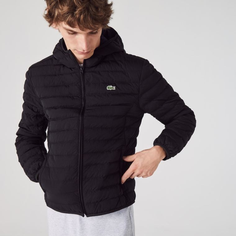 Lacoste Leves Foldable Encapuzado Agua-Resistant Puffer Coat Pretas | N2tmYx89