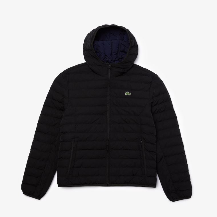 Lacoste Leves Foldable Encapuzado Agua-Resistant Puffer Coat Pretas | N2tmYx89