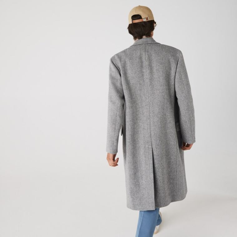 Lacoste Long Double-Breasted Herringbone Wool Coat Branco Cinzentas | EU7Mw1aw