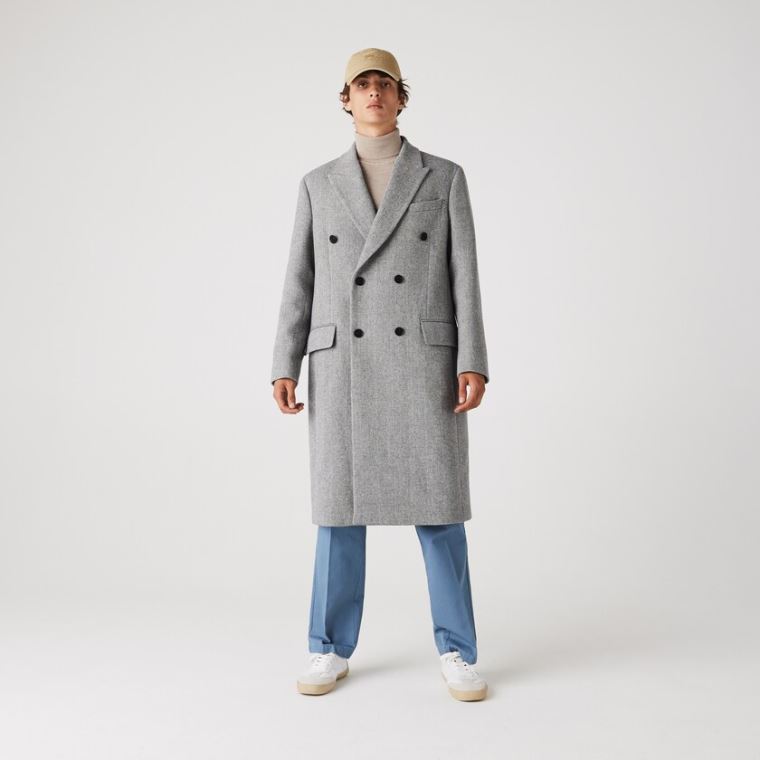 Lacoste Long Double-Breasted Herringbone Wool Coat Branco Cinzentas | EU7Mw1aw