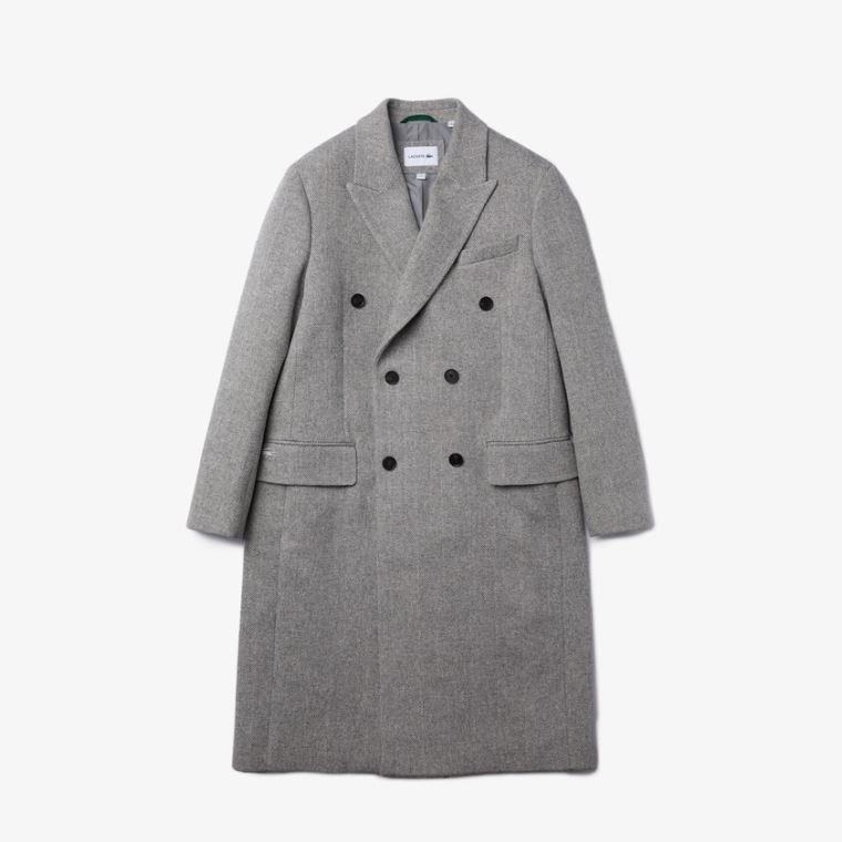 Lacoste Long Double-Breasted Herringbone Wool Coat Branco Cinzentas | EU7Mw1aw