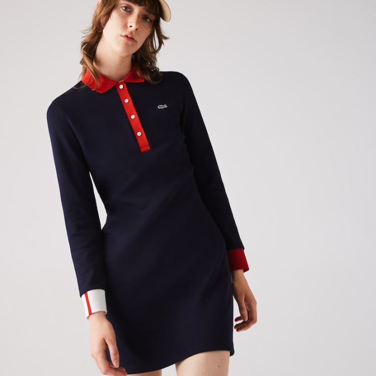 Lacoste Made In France Stretch Algodão Jersey Polo Vestidos Azul Marinho Azuis Vermelhas Branco | jETSTTvs