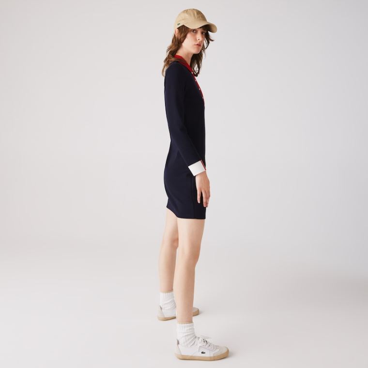 Lacoste Made In France Stretch Algodão Jersey Polo Vestidos Azul Marinho Azuis Vermelhas Branco | jETSTTvs