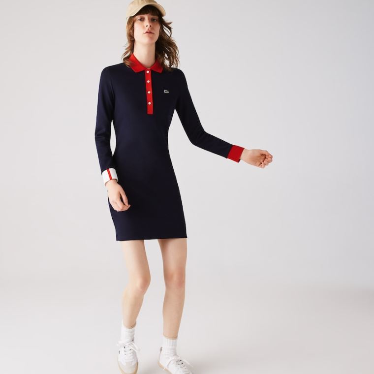 Lacoste Made In France Stretch Algodão Jersey Polo Vestidos Azul Marinho Azuis Vermelhas Branco | jETSTTvs