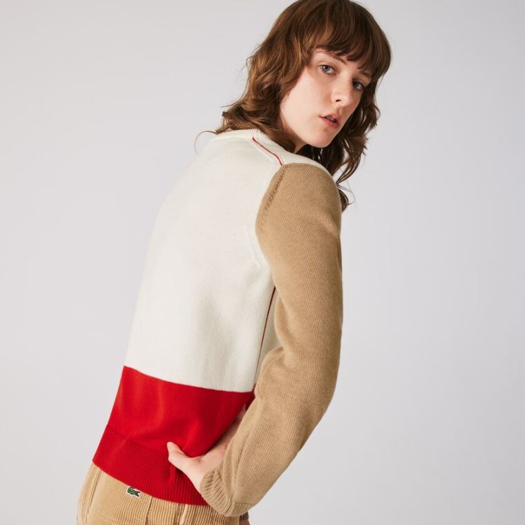 Lacoste Made in France Crew Neck Colourblock Wool Moletom Vermelhas Branco Bege | NIMWebbK