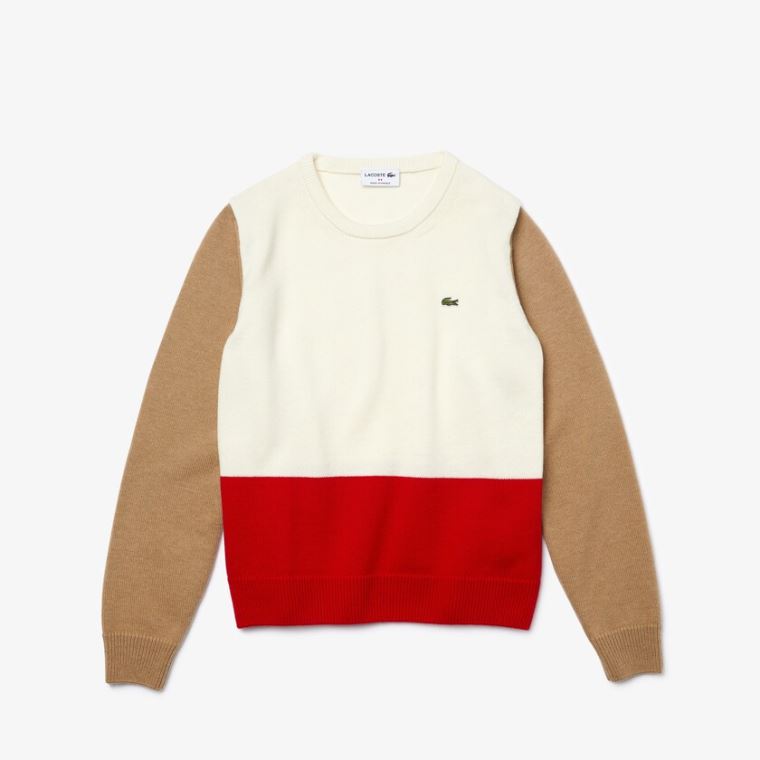 Lacoste Made in France Crew Neck Colourblock Wool Moletom Vermelhas Branco Bege | NIMWebbK