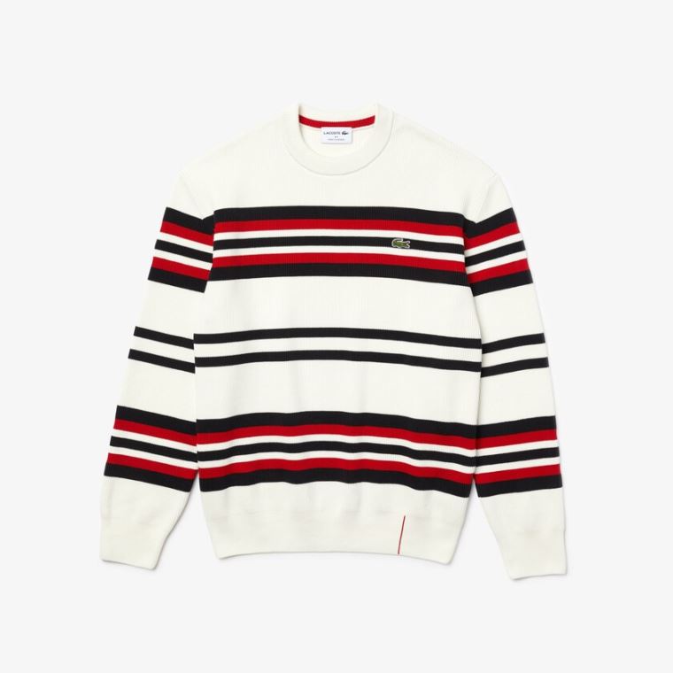 Lacoste Made in France Striped Organic Algodão Crew Neck Moletom Branco Azul Marinho Azuis Vermelhas | W3XkKHnp