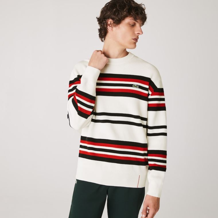 Lacoste Made in France Striped Organic Algodão Crew Neck Moletom Branco Azul Marinho Azuis Vermelhas | W3XkKHnp