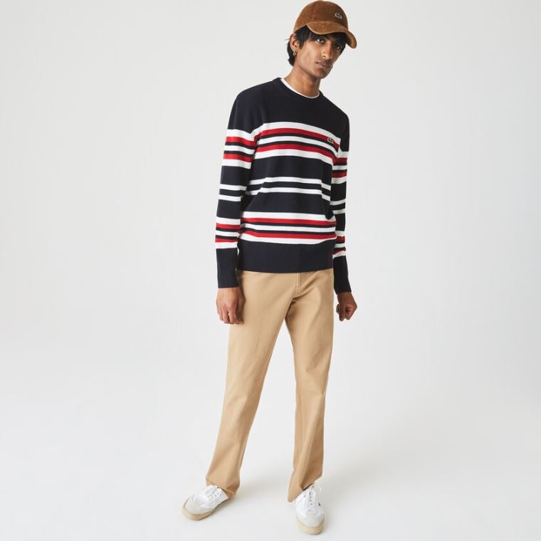 Lacoste Made in France Striped Organic Algodão Crew Neck Moletom Azul Marinho Azuis Branco Vermelhas | qGRRIRYB