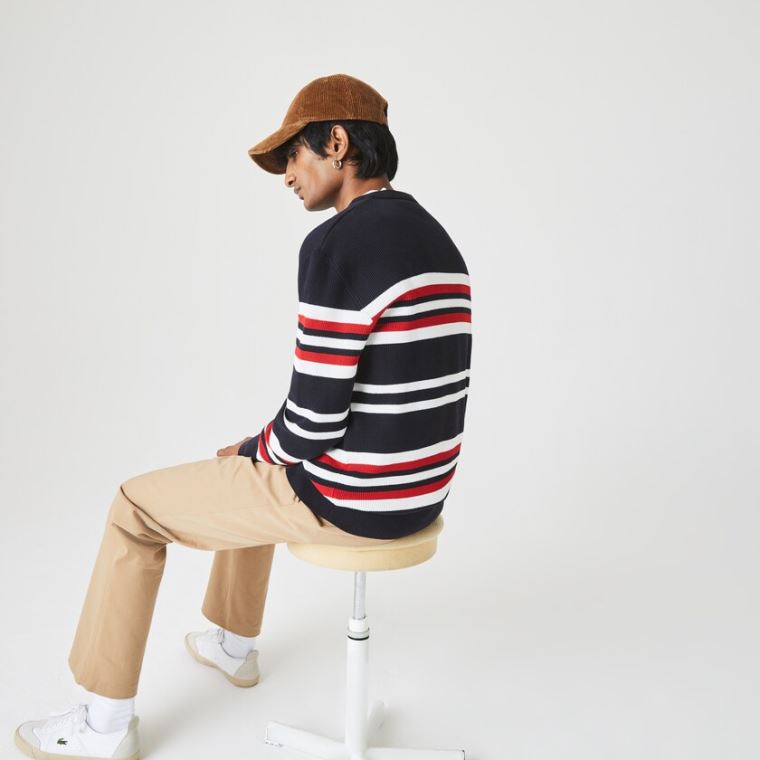 Lacoste Made in France Striped Organic Algodão Crew Neck Moletom Azul Marinho Azuis Branco Vermelhas | qGRRIRYB