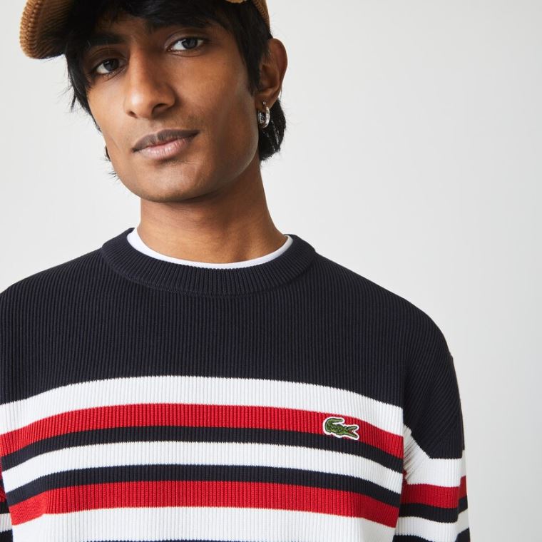 Lacoste Made in France Striped Organic Algodão Crew Neck Moletom Azul Marinho Azuis Branco Vermelhas | qGRRIRYB