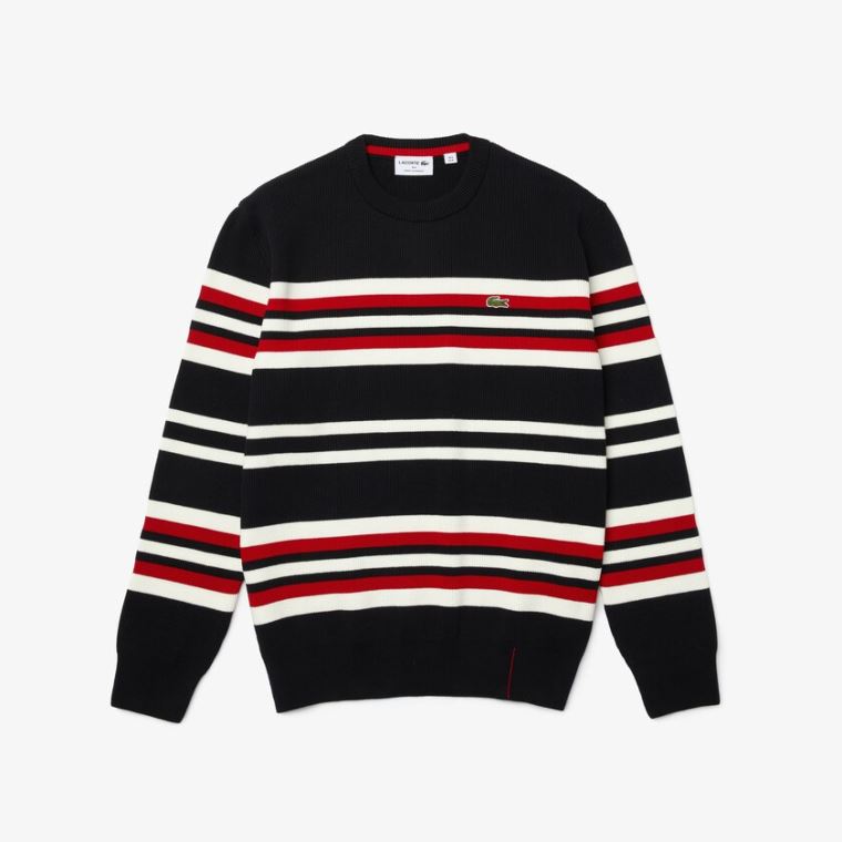 Lacoste Made in France Striped Organic Algodão Crew Neck Moletom Azul Marinho Azuis Branco Vermelhas | qGRRIRYB