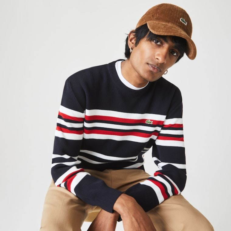 Lacoste Made in France Striped Organic Algodão Crew Neck Moletom Azul Marinho Azuis Branco Vermelhas | qGRRIRYB