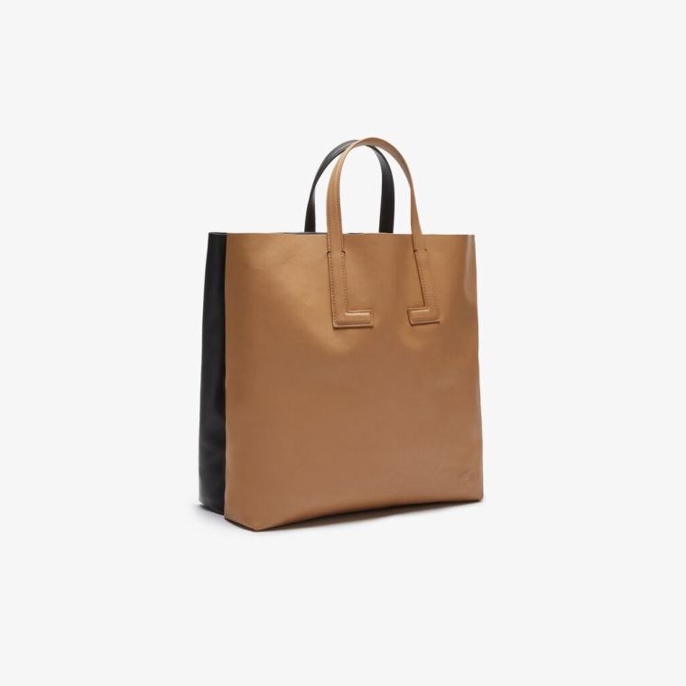 Lacoste Moda Show Two-Tone Couro Double Tote Pretas | uJLznK1D