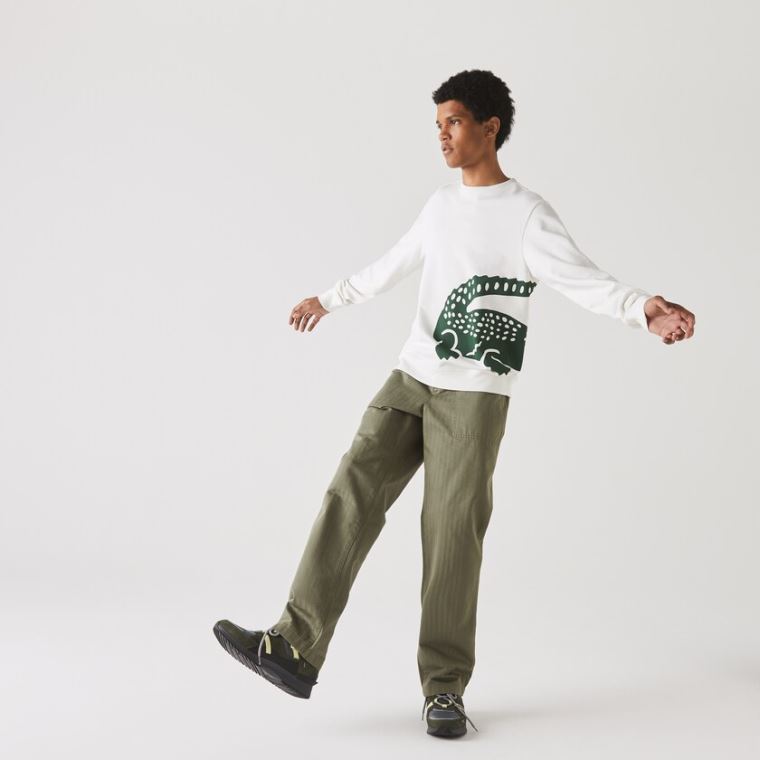 Lacoste Oversize Croc Crew Neck Algodão Sweatshirt Branco | KL4Wqwn7