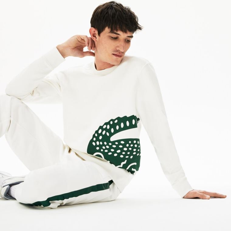 Lacoste Oversize Croc Crew Neck Algodão Sweatshirt Branco | KL4Wqwn7