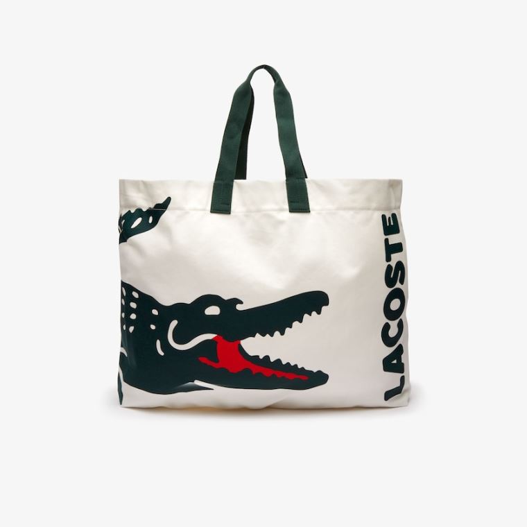 Lacoste Oversized Crocodile Print Algodão Large Tote Branco | 9Mf9RmR1