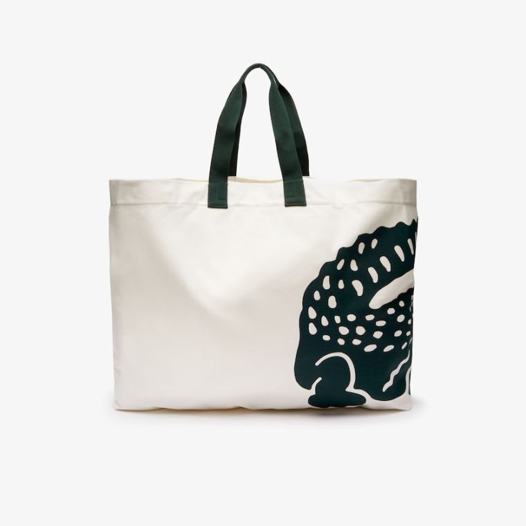 Lacoste Oversized Crocodile Print Algodão Large Tote Branco | 9Mf9RmR1