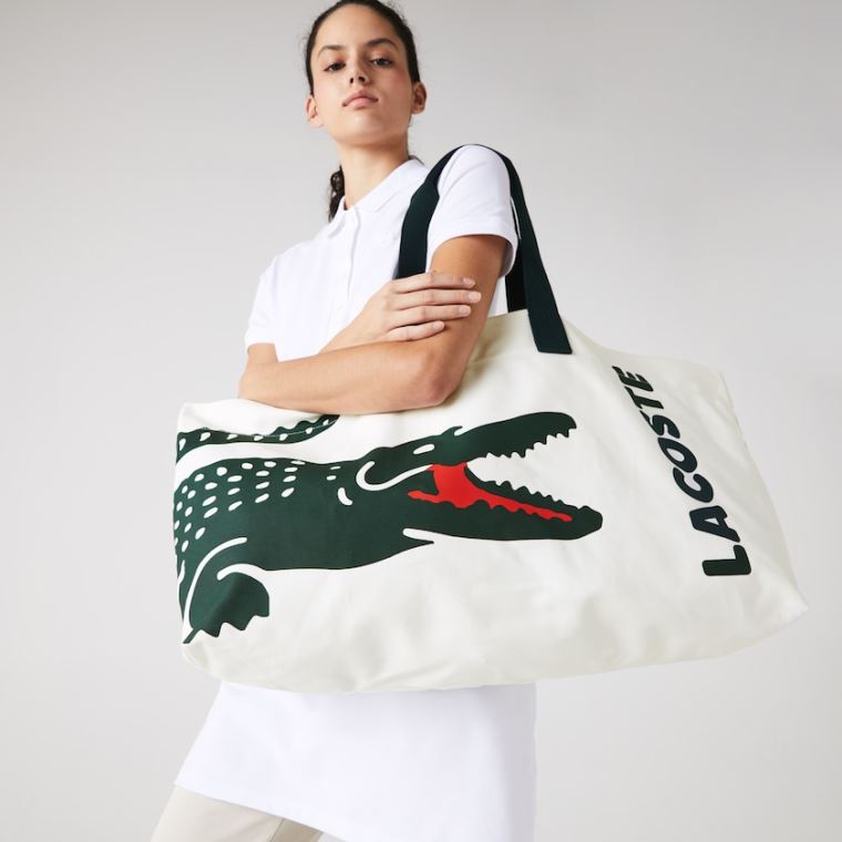 Lacoste Oversized Crocodile Print Algodão Large Tote Branco | 9Mf9RmR1