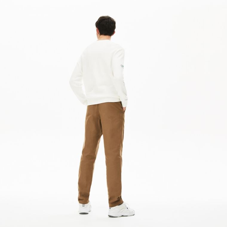 Lacoste Pleated Algodão-Linen Calça Chino Marrom | JxVMUvKr