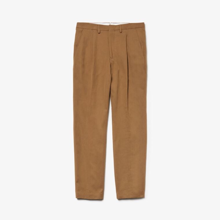 Lacoste Pleated Algodão-Linen Calça Chino Marrom | JxVMUvKr