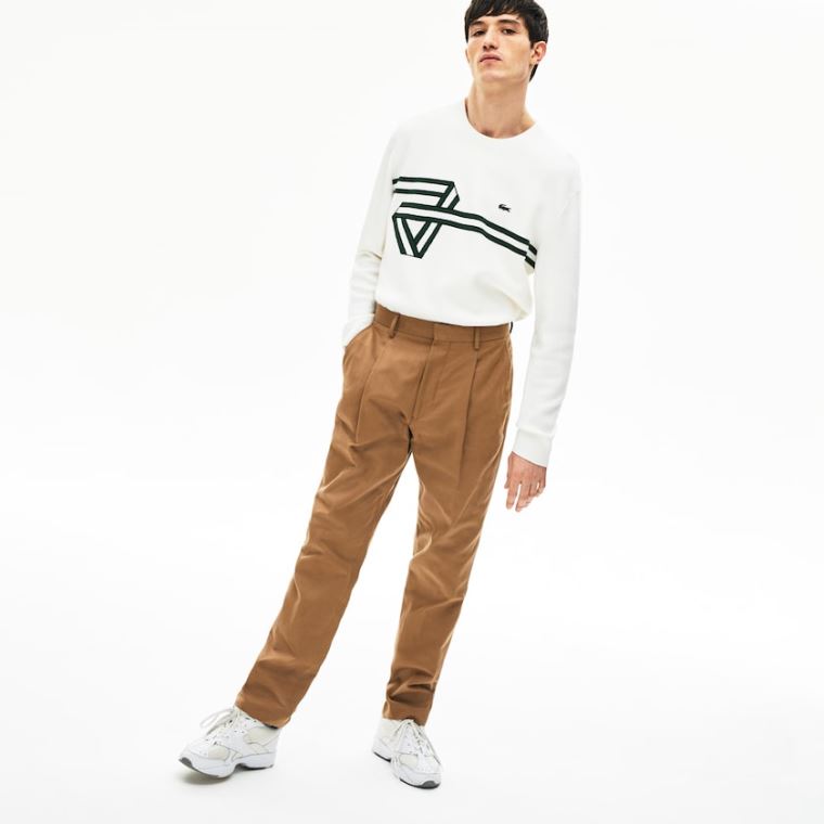 Lacoste Pleated Algodão-Linen Calça Chino Marrom | JxVMUvKr