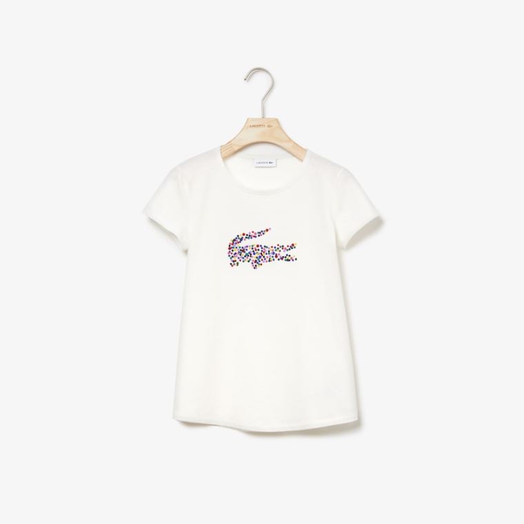 Lacoste Polka Dot Print Crocodile Algodão T-shirt Branco | ARkCbmoV