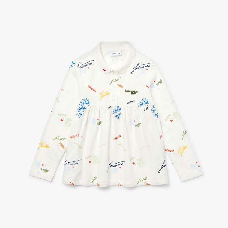 Lacoste Print Flounced Algodão Piqué Polo Shirt Branco | apxa6ChA