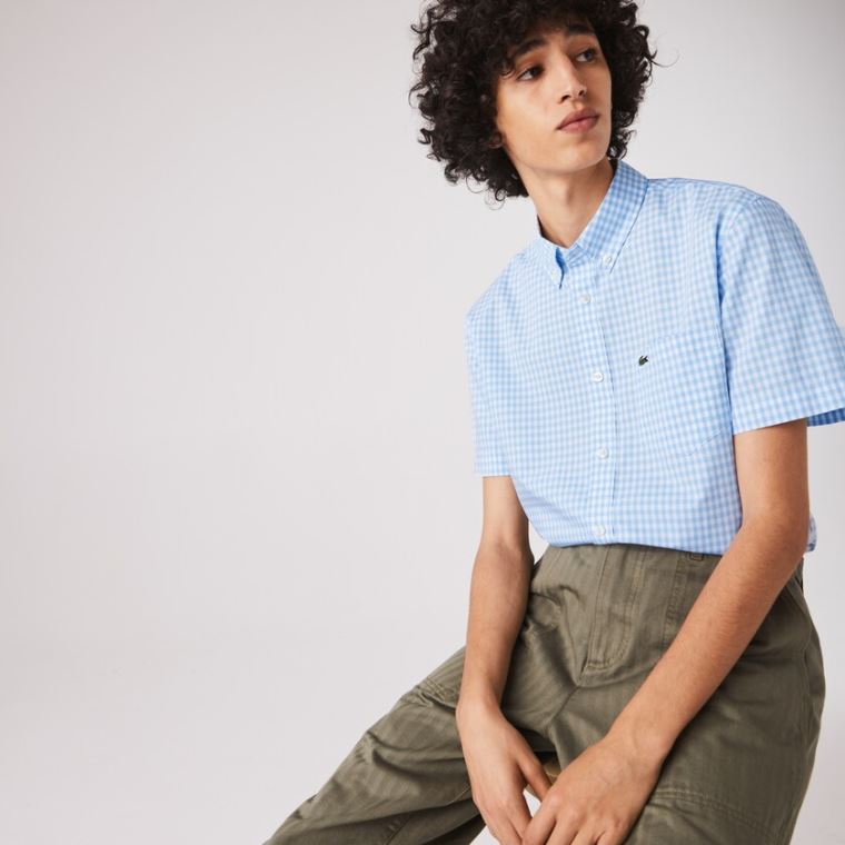 Lacoste Regular Fit Gingham Poplin Shirt Branco Azuis | XFAapBzk