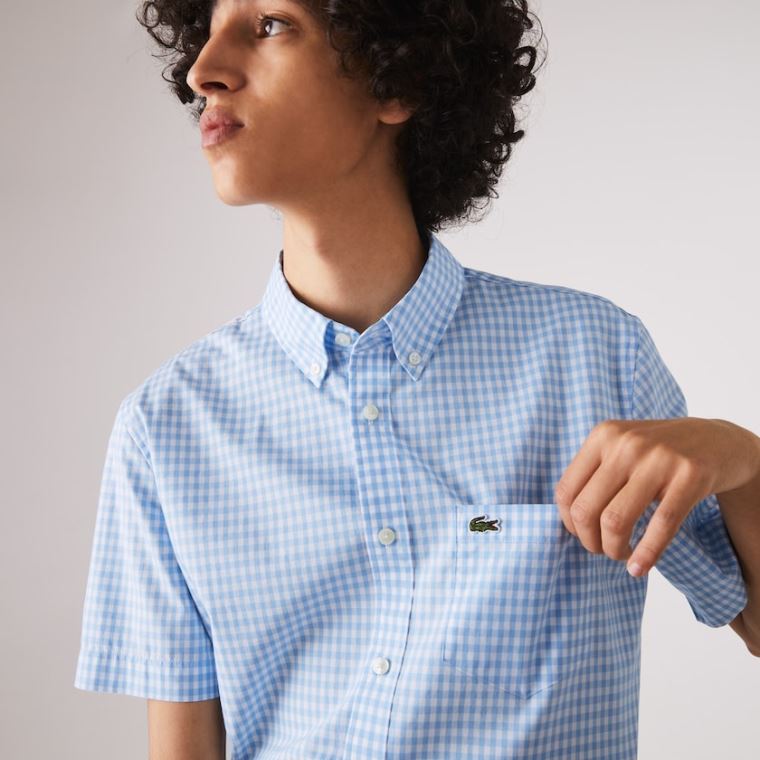 Lacoste Regular Fit Gingham Poplin Shirt Branco Azuis | XFAapBzk