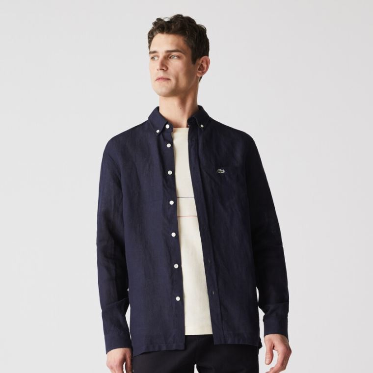 Lacoste Regular Fit Linen Shirt Azul Marinho Azuis | 2hJDtZZb