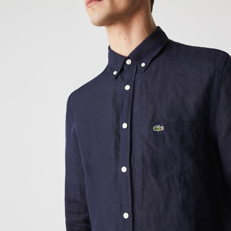 Lacoste Regular Fit Linen Shirt Azul Marinho Azuis | 2hJDtZZb