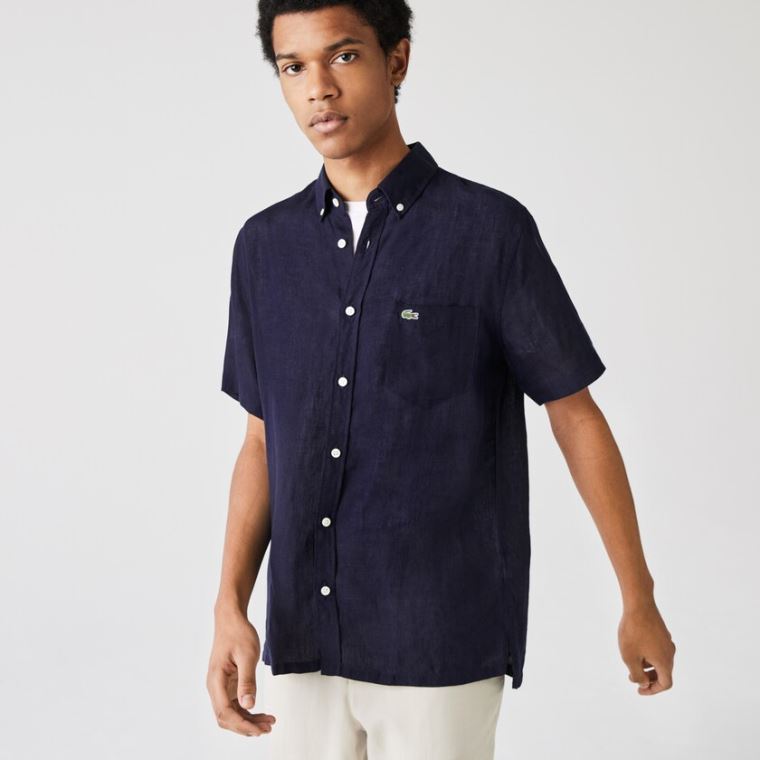 Lacoste Regular Fit Linen Shirt Azul Marinho Azuis | yPrRgPMM