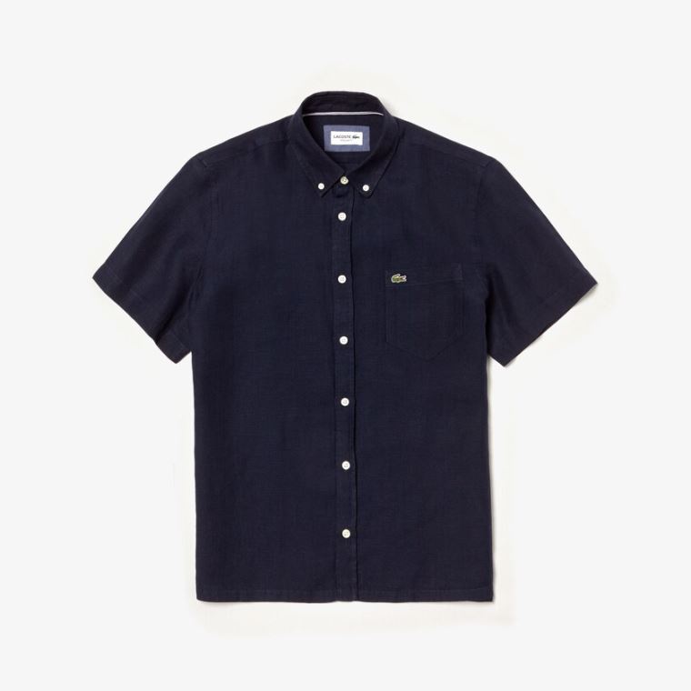 Lacoste Regular Fit Linen Shirt Azul Marinho Azuis | yPrRgPMM