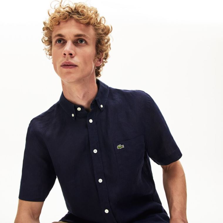 Lacoste Regular Fit Linen Shirt Azul Marinho Azuis | yPrRgPMM