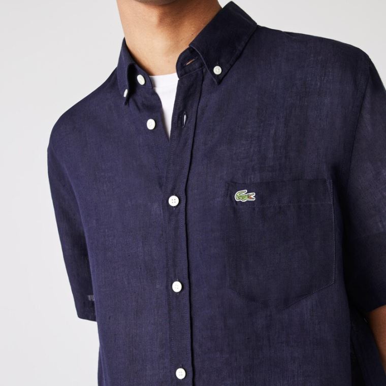 Lacoste Regular Fit Linen Shirt Azul Marinho Azuis | yPrRgPMM