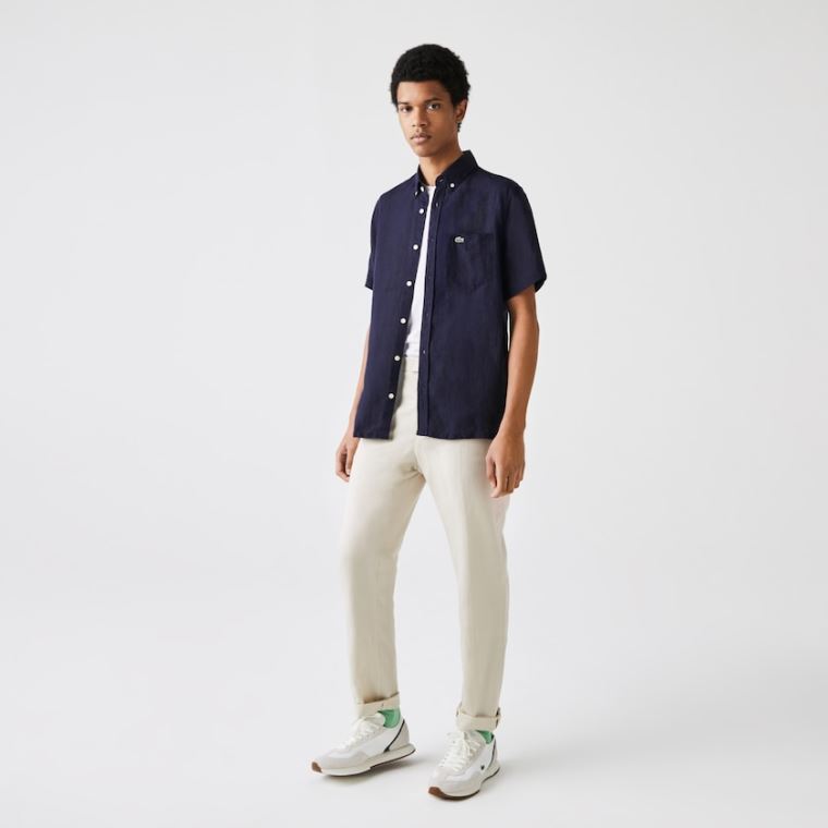 Lacoste Regular Fit Linen Shirt Azul Marinho Azuis | yPrRgPMM