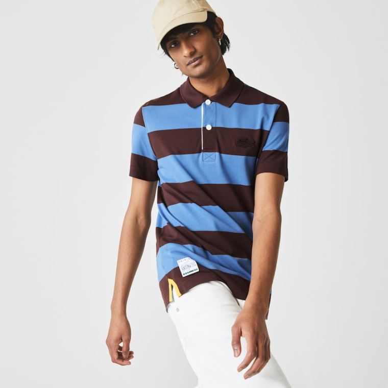 Lacoste Regular Fit Striped Algodão Piqué Polo Shirt Marrom Azuis | PNlyubyY