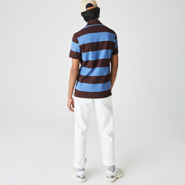 Lacoste Regular Fit Striped Algodão Piqué Polo Shirt Marrom Azuis | PNlyubyY